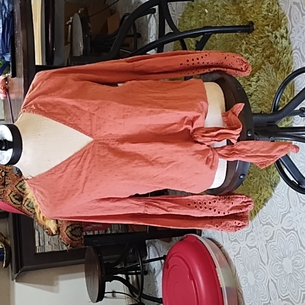 Womens Blouse Tie Front Embroidery Rustic Autumn Pumpkin spice M LOVESTITCH b46